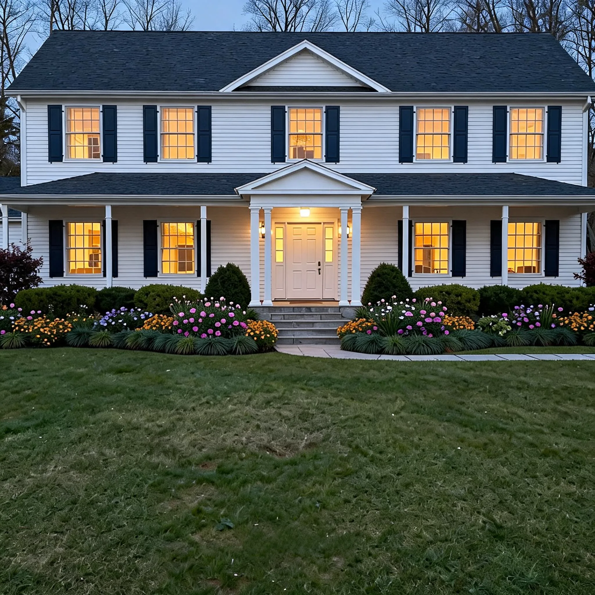 Colonial after — crisp white siding, navy shutters, glowing windows at dusk, flower beds, formal portico