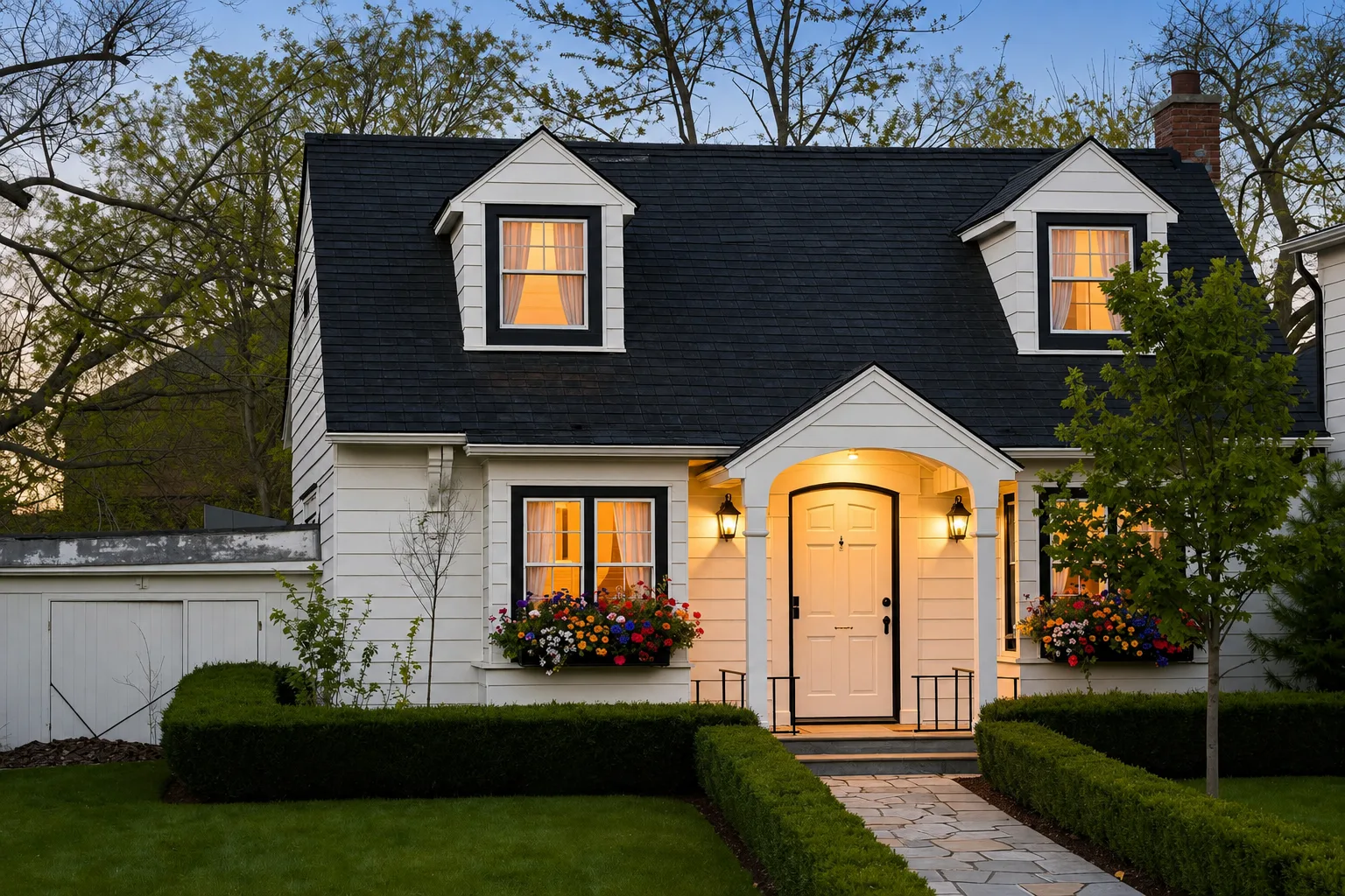 Cape Cod cottage after — crisp white siding, black roof and trim, glowing arched entry, flower boxes, manicured hedges at dusk