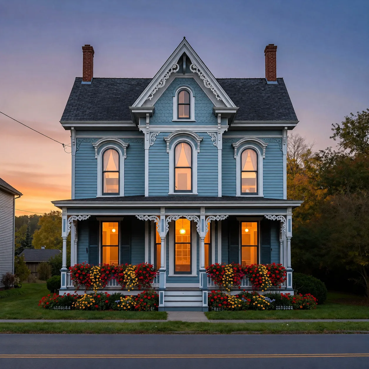 Victorian house after — restored blue clapboard, ornate white trim, flower boxes, glowing porch at dusk