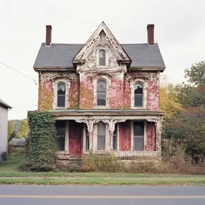 Victorian house before — crumbling facade, peeling paint, ivy overgrowth